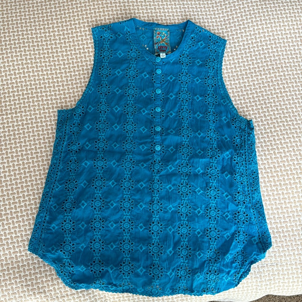 Johnny Was blue lace blouse